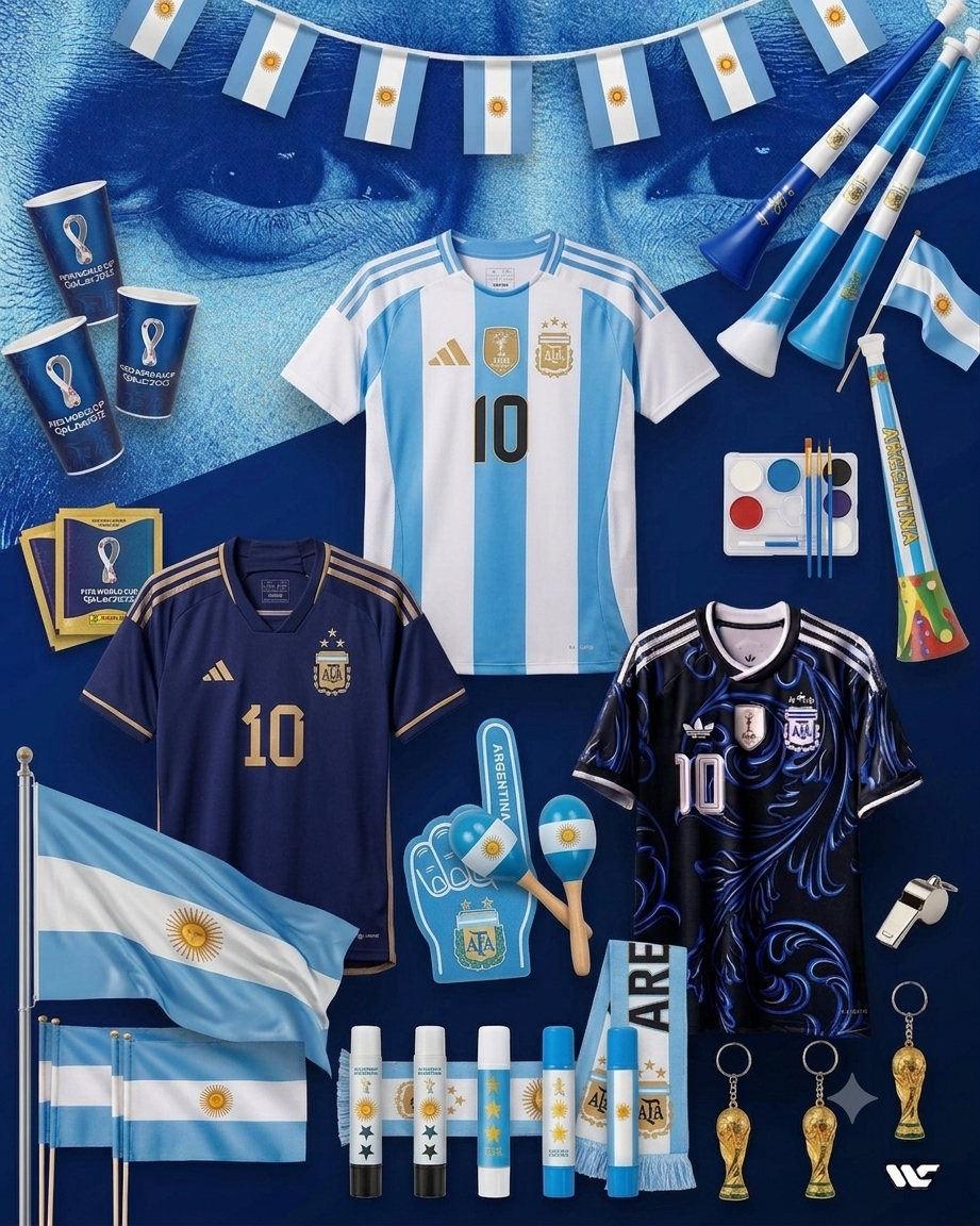 Combo Ultra Hincha Argentino: Trilogía de Camisetas Messi 10 + Set Completo de Fiesta y Aliento